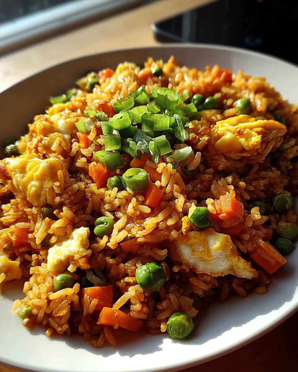 Nahaufnahme von Nasi Goreng schnell & einfach mit gebratenem Ei, Karotten, Erbsen und Frühlingszwiebeln.