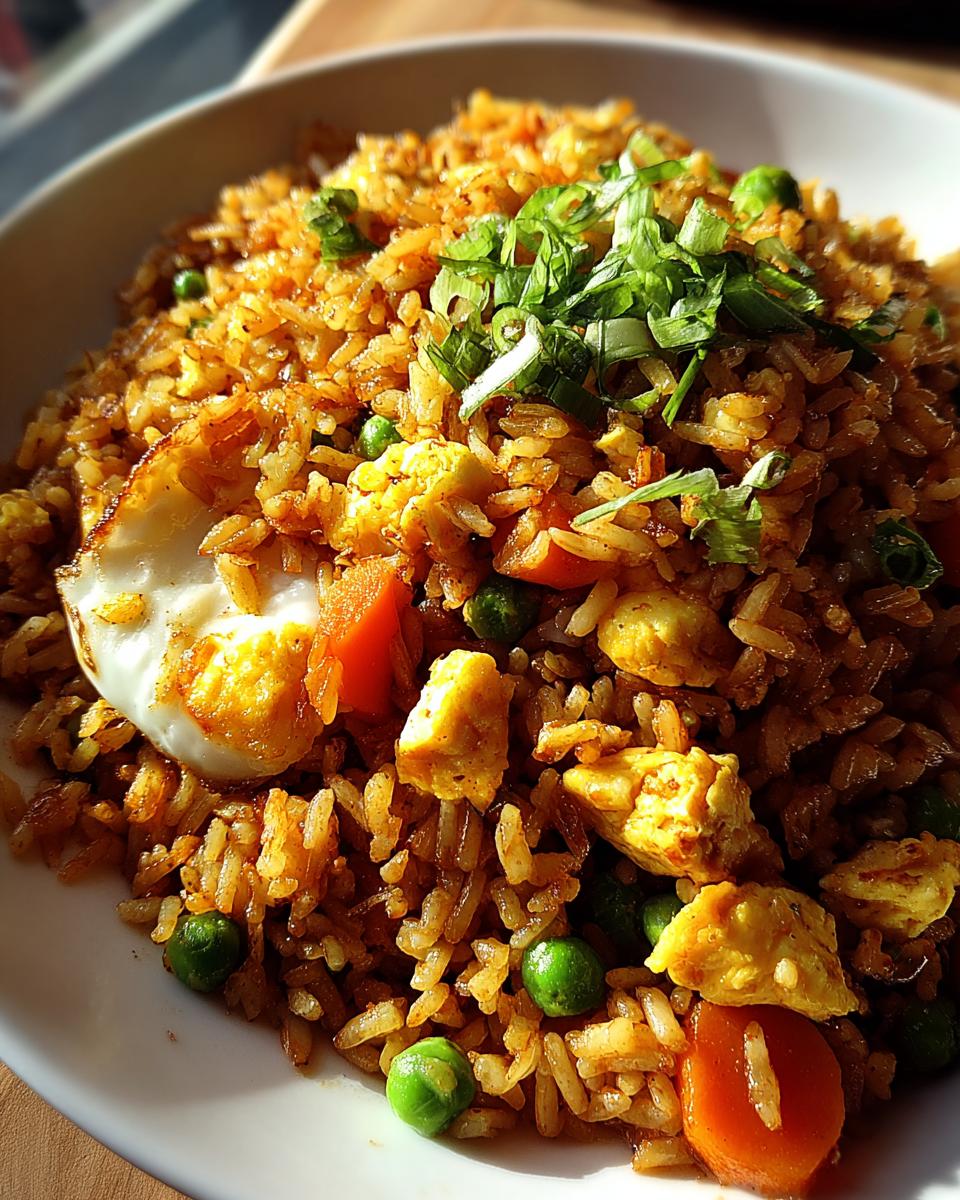 Nahaufnahme von Nasi Goreng schnell & einfach mit Spiegelei, Erbsen, Karotten und Frühlingszwiebeln.