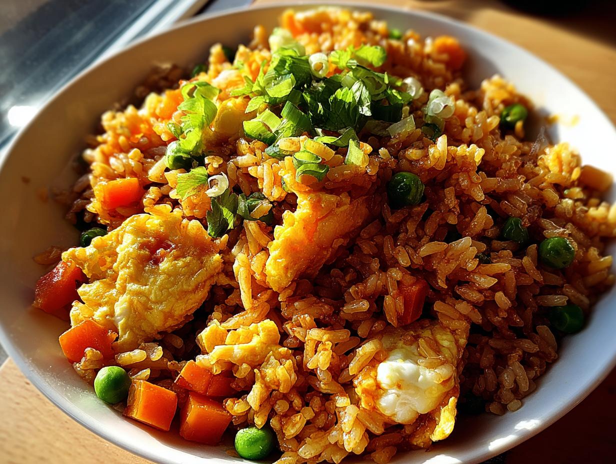 Nahaufnahme von gebratenem Reis, Nasi Goreng schnell & einfach, mit Ei, Karotten und Frühlingszwiebeln.