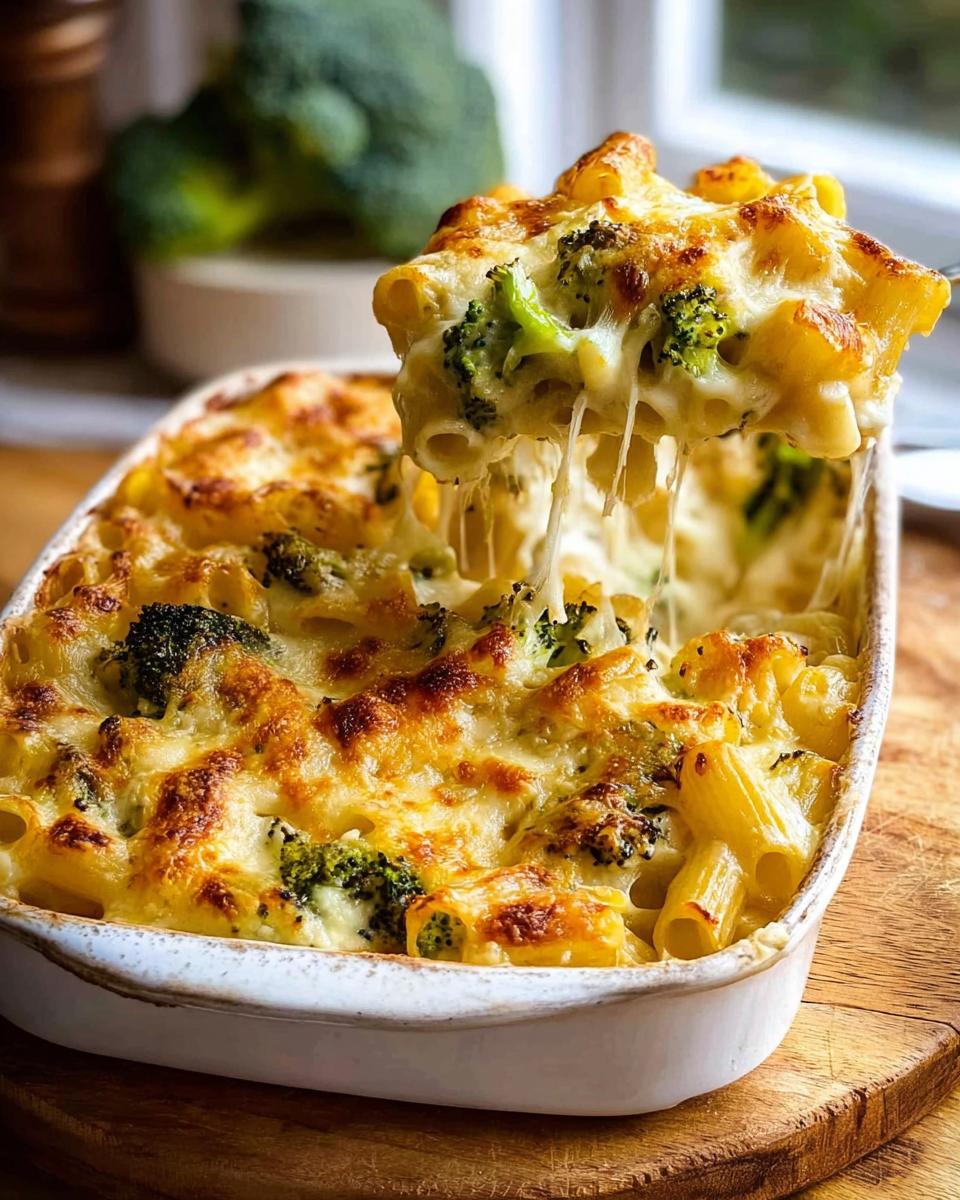 Ein Löffel wird aus einem Auflaufform gehoben, der den cremigen Nudelauflauf mit Brokkoli & Käse zeigt, mit langen Käsefäden.