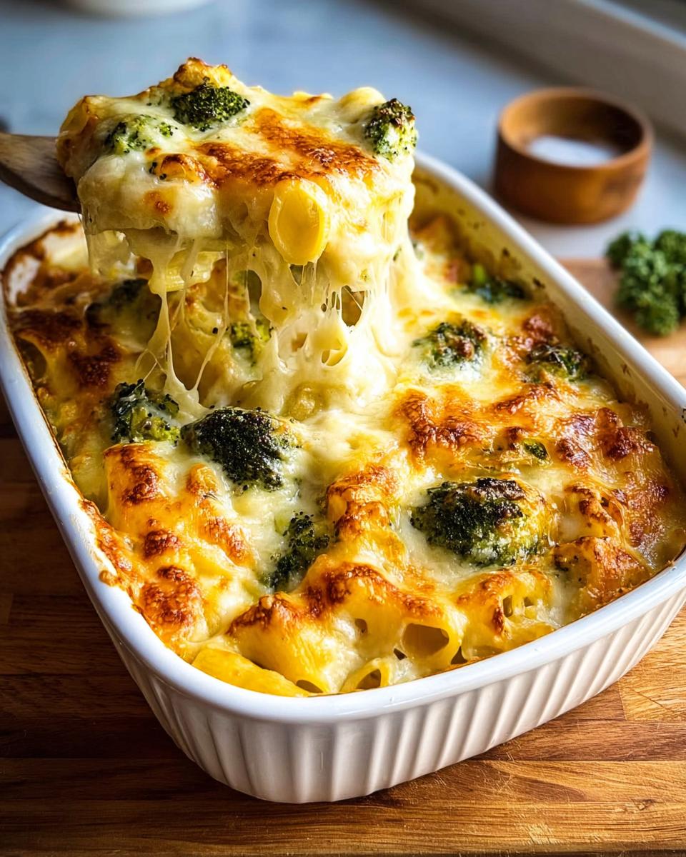 Ein hölzerner Löffel zieht eine Portion Nudelauflauf mit Brokkoli & Käse aus einer Auflaufform, wobei der geschmolzene Käse lange Fäden zieht.