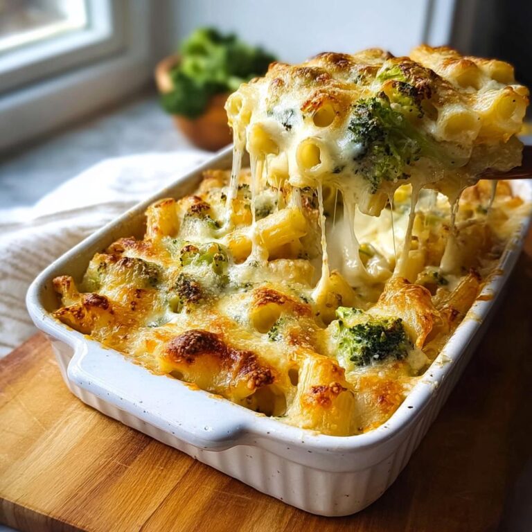 Ein Löffel zieht eine Portion Nudelauflauf mit Brokkoli & Käse mit langgezogenem, geschmolzenem Käse aus der Auflaufform.