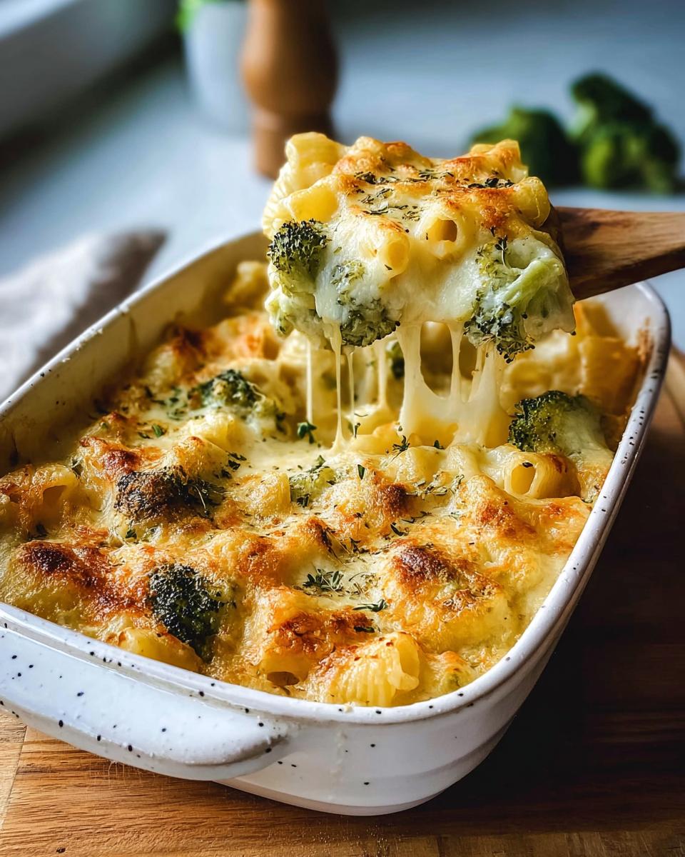 Ein hölzerner Löffel hebt eine Portion Nudelauflauf mit Brokkoli & Käse aus einer Auflaufform, wobei der geschmolzene Käse lange Fäden zieht.