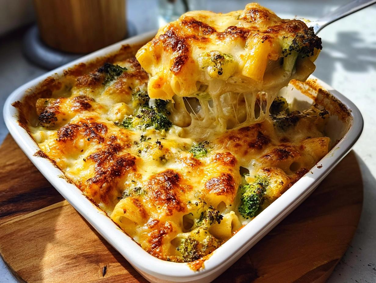 Ein Löffel zieht eine Portion Nudelauflauf mit Brokkoli & Käse mit langen Käsefäden aus der Auflaufform.