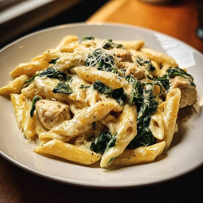 Nahaufnahme von cremigen Nudeln mit Spinat, Frischkäse und Parmesan, ein perfektes Gericht für Nudeln mit Spinat, Frischkäse & Parmesan.