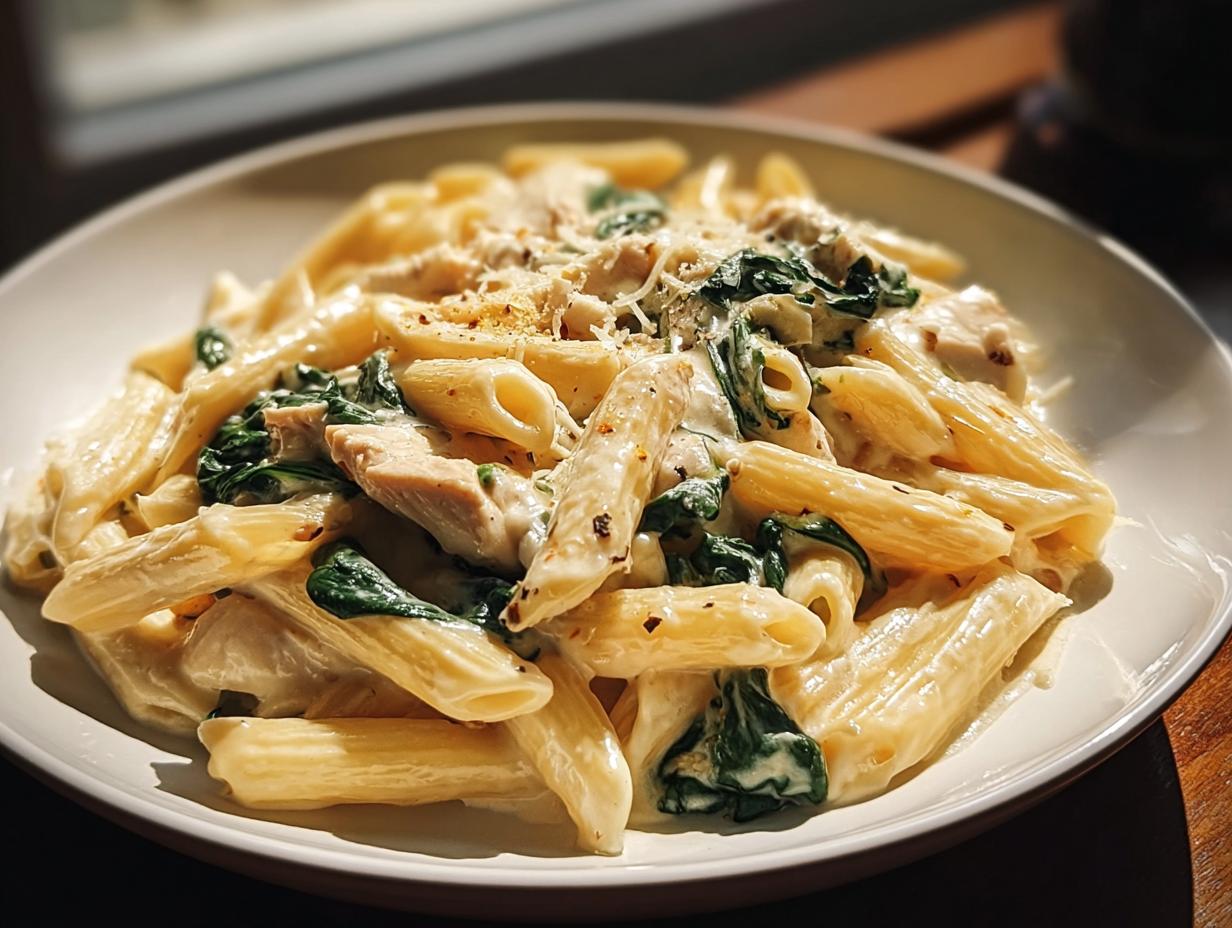 Nahaufnahme von cremigen Nudeln mit Spinat, Frischkäse & Parmesan und Hähnchenstücken in einer weißen Schüssel.