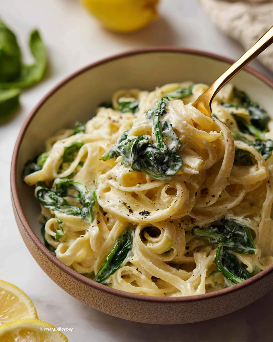 Nahaufnahme von Nudeln mit Zitronen-Ricotta-Sauce und frischem Spinat in einer braunen Schüssel.