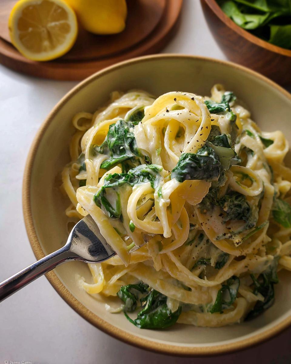 Nahaufnahme von Nudeln mit Zitronen-Ricotta-Sauce und frischem Spinat, eine Gabel greift eine Portion.