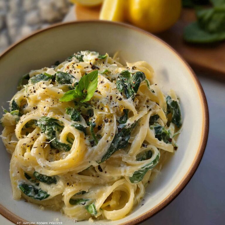 Nahaufnahme von cremigen Nudeln mit Zitronen-Ricotta-Sauce und Spinat, garniert mit Pfeffer und Basilikum.