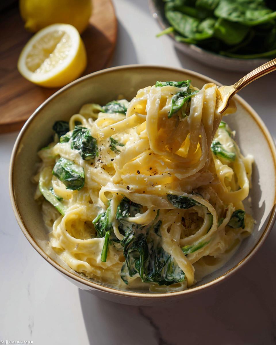 Eine goldene Gabel hebt Tagliatelle mit cremiger Nudeln mit Zitronen-Ricotta-Sauce und Spinat aus einer Schale.