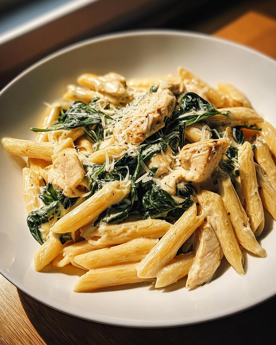 Teller mit Penne Nudeln mit Spinat, Frischkäse-Sauce, Hähnchenstücken und Parmesan – Nudeln mit Spinat, Frischkäse & Parmesan.