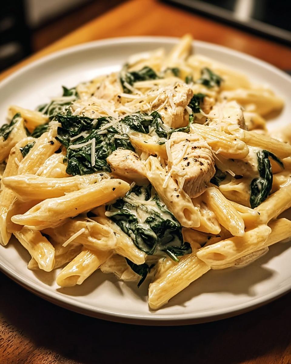 Teller mit cremigen Nudeln mit Spinat, Frischkäse & Parmesan und Hähnchenstücken.