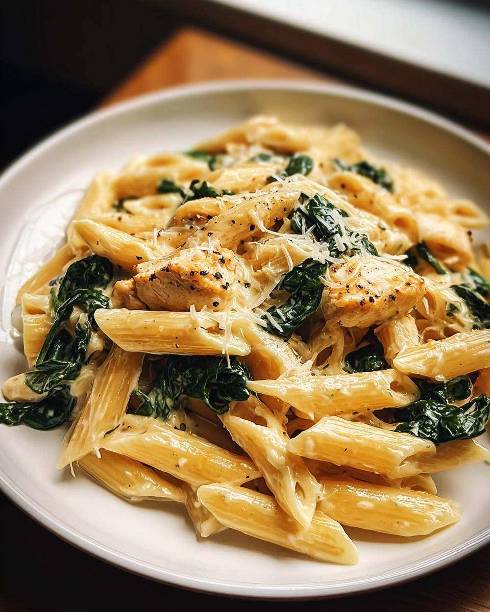 Nahaufnahme von Penne Nudeln mit Spinat, cremiger Sauce und Hähnchenstücken, garniert mit Parmesan – Nudeln mit Spinat, Frischkäse & Parmesan.