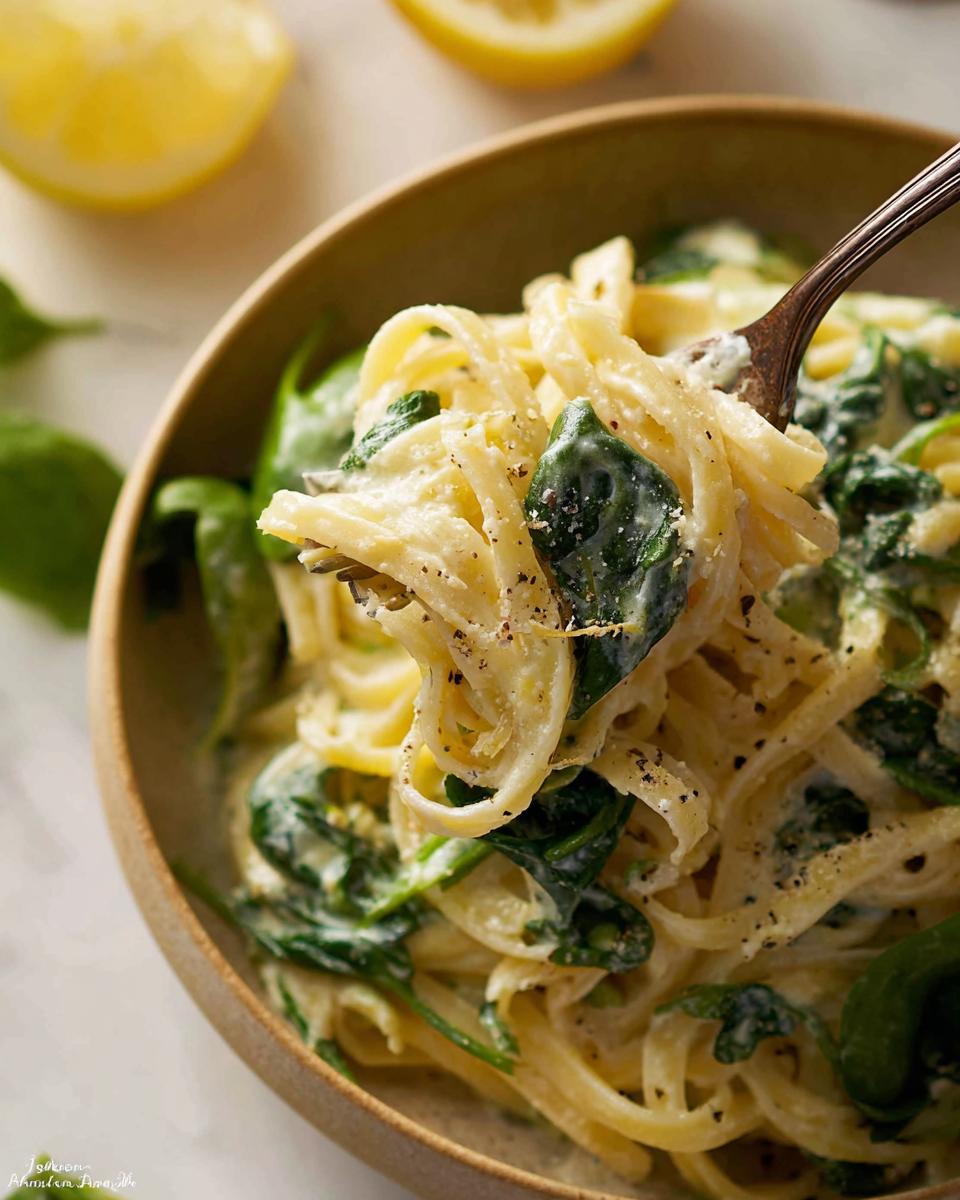 Nahaufnahme von Nudeln mit Zitronen-Ricotta-Sauce und frischem Spinat, die mit einer Gabel angehoben werden.