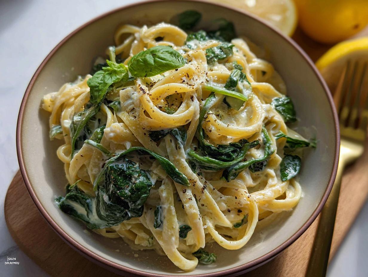 Nahaufnahme von Nudeln mit Zitronen-Ricotta-Sauce und frischem Spinat, garniert mit Basilikum.