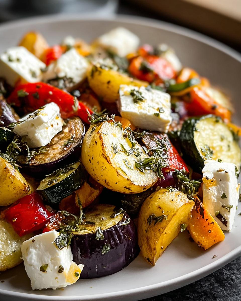Nahaufnahme von Ofen-Feta mit Gemüse & Kräutern, bestehend aus gerösteten Kartoffeln, Auberginen, Paprika und Feta-Würfeln.