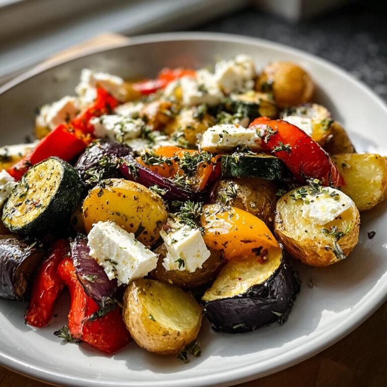 Gebackene Kartoffeln, Zucchini, Paprika und rote Zwiebeln mit gewürfeltem Feta und frischen Kräutern: Ofen-Feta mit Gemüse & Kräutern.