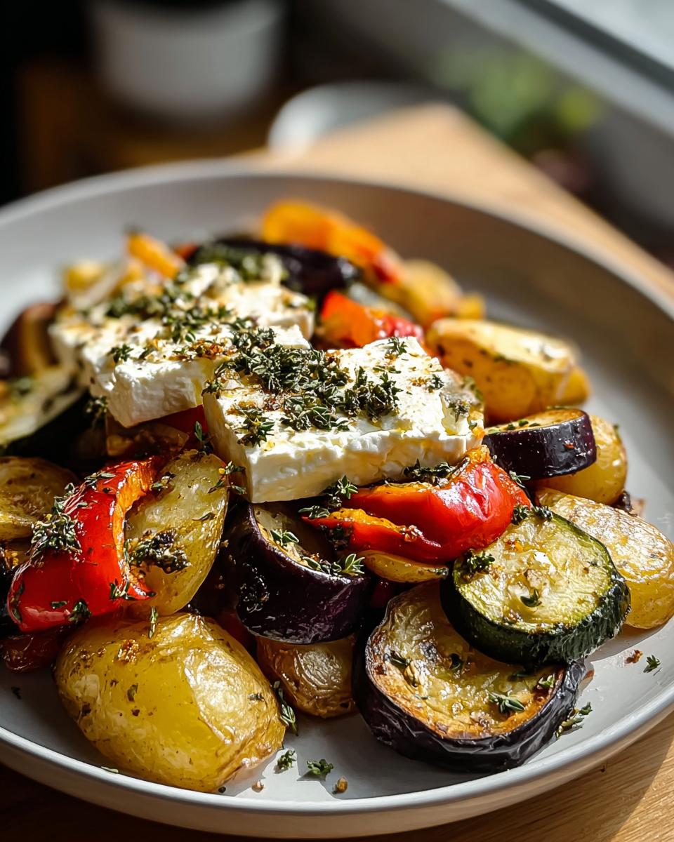 Nahaufnahme von Ofen-Feta mit Gemüse & Kräutern, bestehend aus gebackenen Kartoffeln, Zucchini, Paprika und Feta-Blöcken.