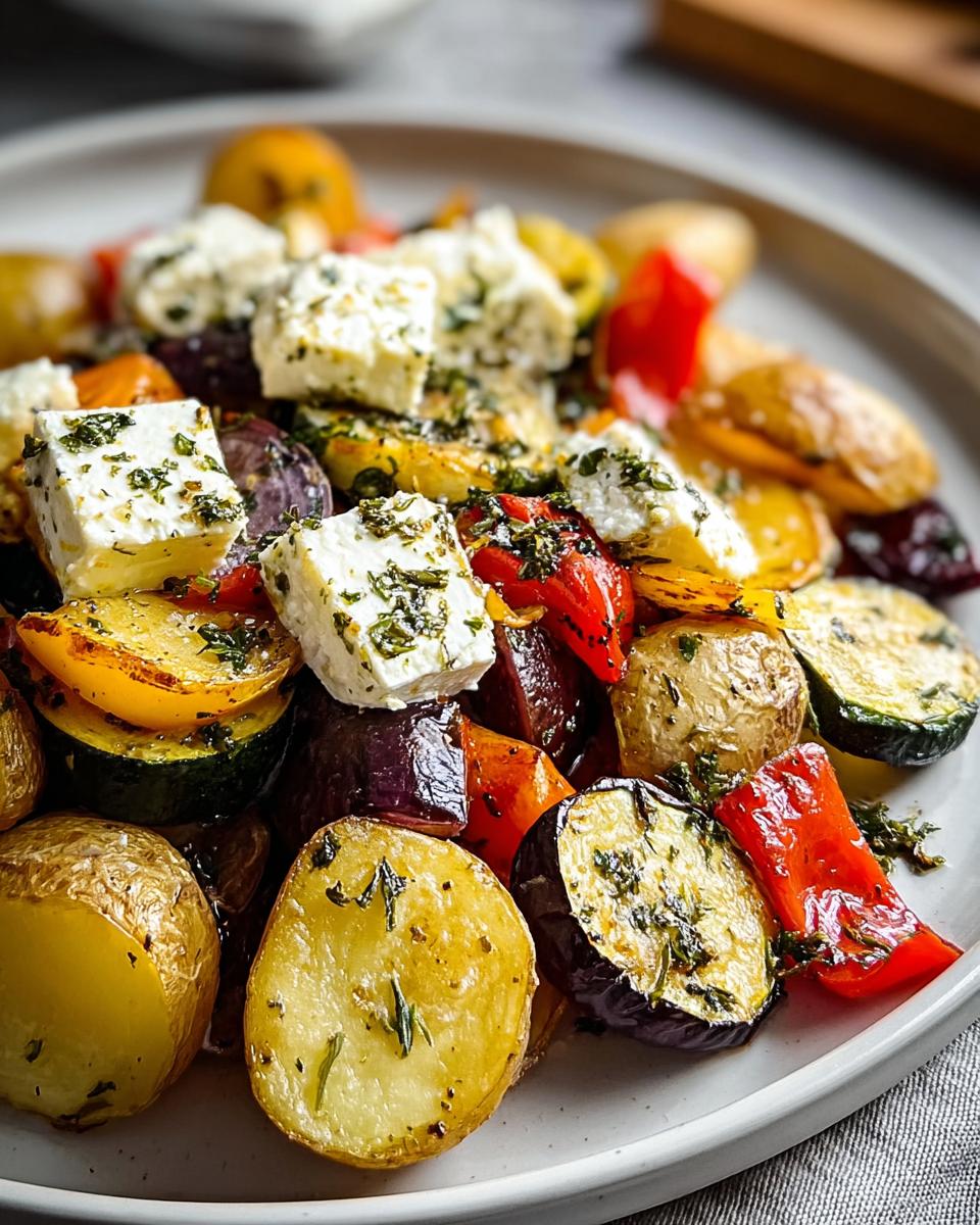 Nahaufnahme von Ofen-Feta mit Gemüse & Kräutern: geröstete Kartoffeln, Zucchini, Paprika und Feta-Würfel.