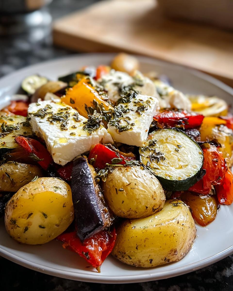 Teller mit Ofen-Feta mit Gemüse & Kräutern, bestehend aus gebackenen Kartoffeln, Zucchini, Paprika und Feta-Stücken.
