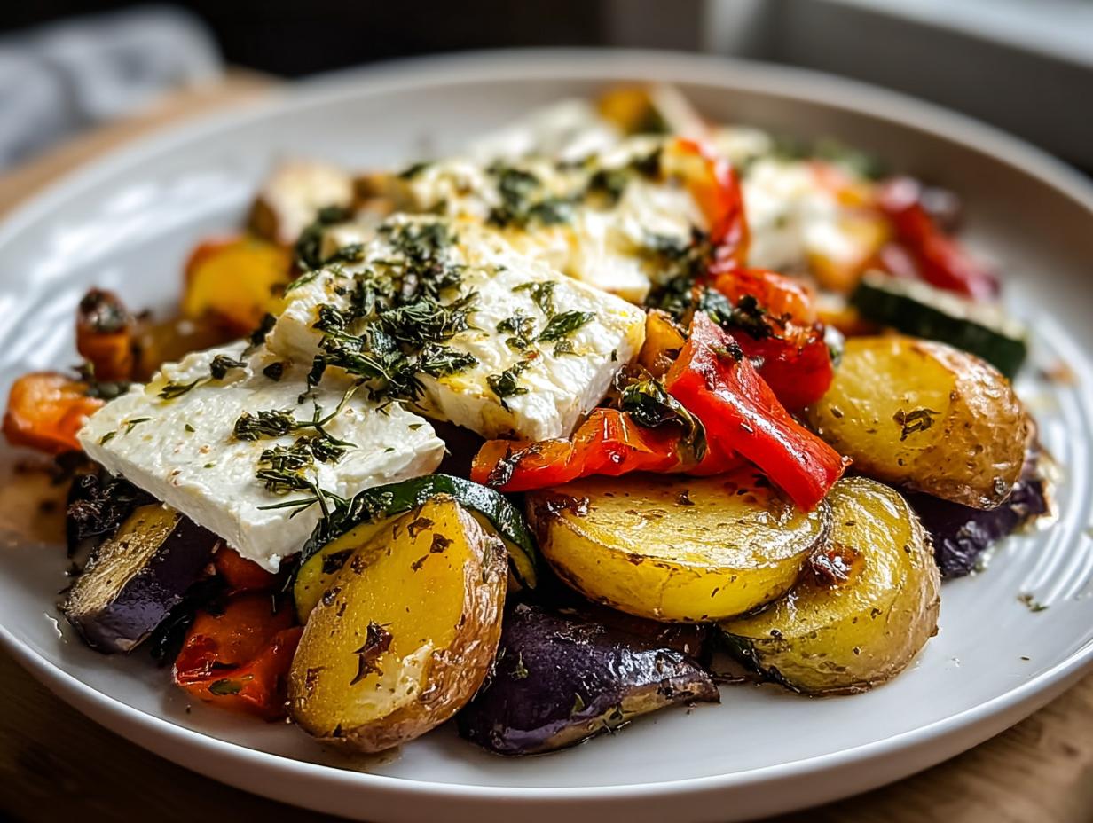 Nahaufnahme von Ofen-Feta mit Gemüse & Kräutern auf einem weißen Teller, mit gerösteten Kartoffeln und Paprika.