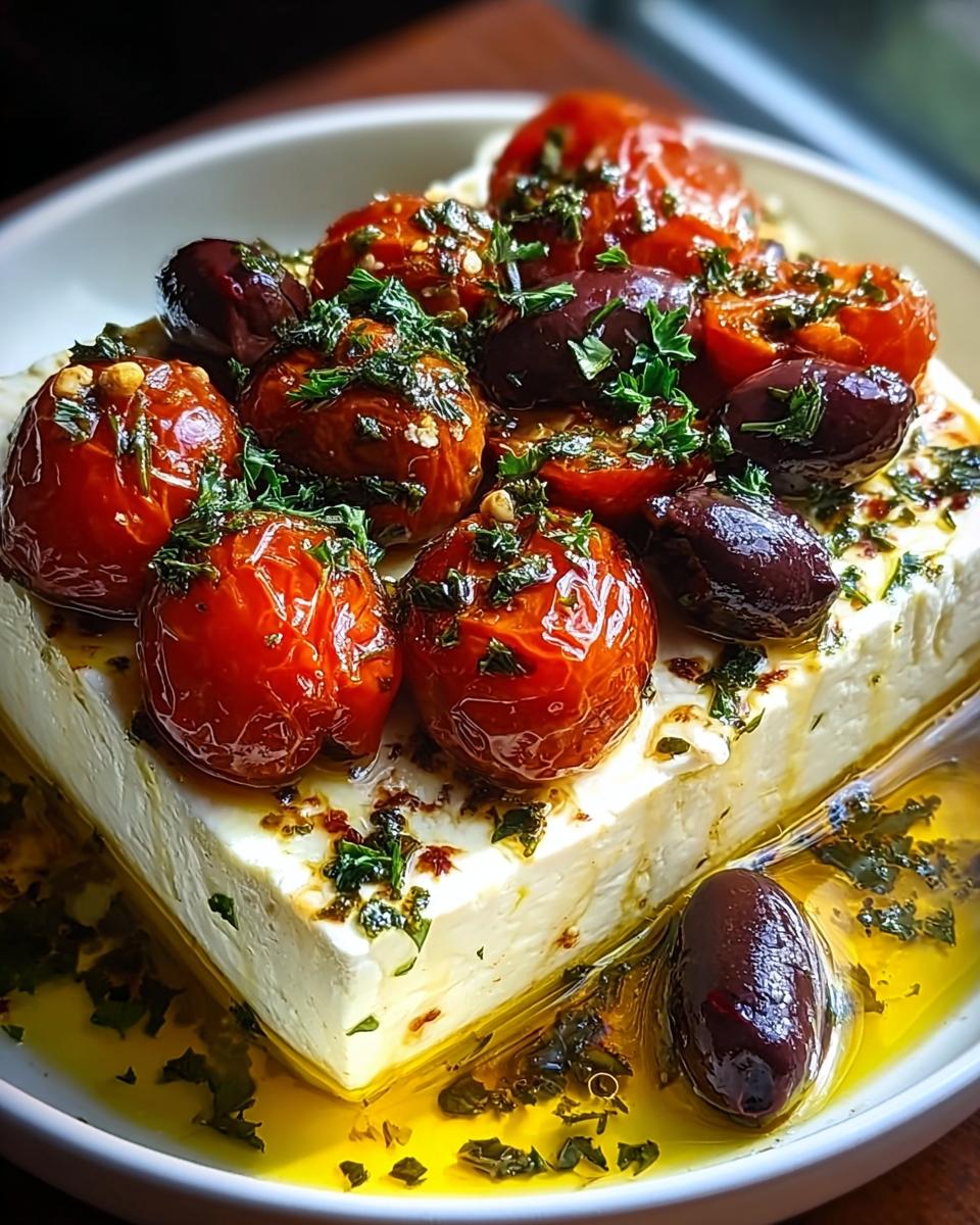 Ein Block Ofen-Feta mit Tomaten & Oliven, übergossen mit aromatischem Olivenöl und Kräutern.