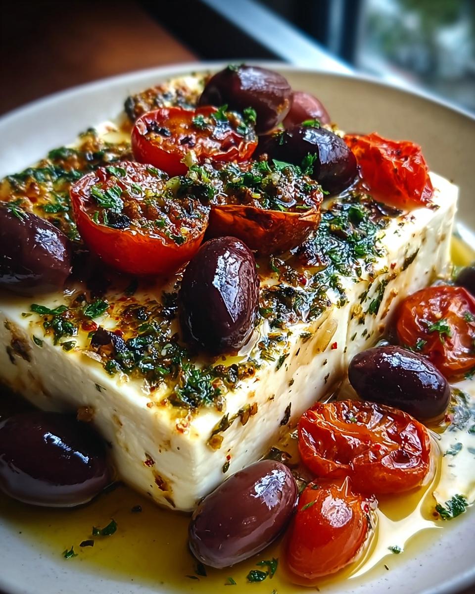 Ein Block gebackener Feta, bedeckt mit gerösteten Kirschtomaten, Kalamata-Oliven und Kräutern, serviert in Öl: Ofen-Feta mit Tomaten & Oliven.