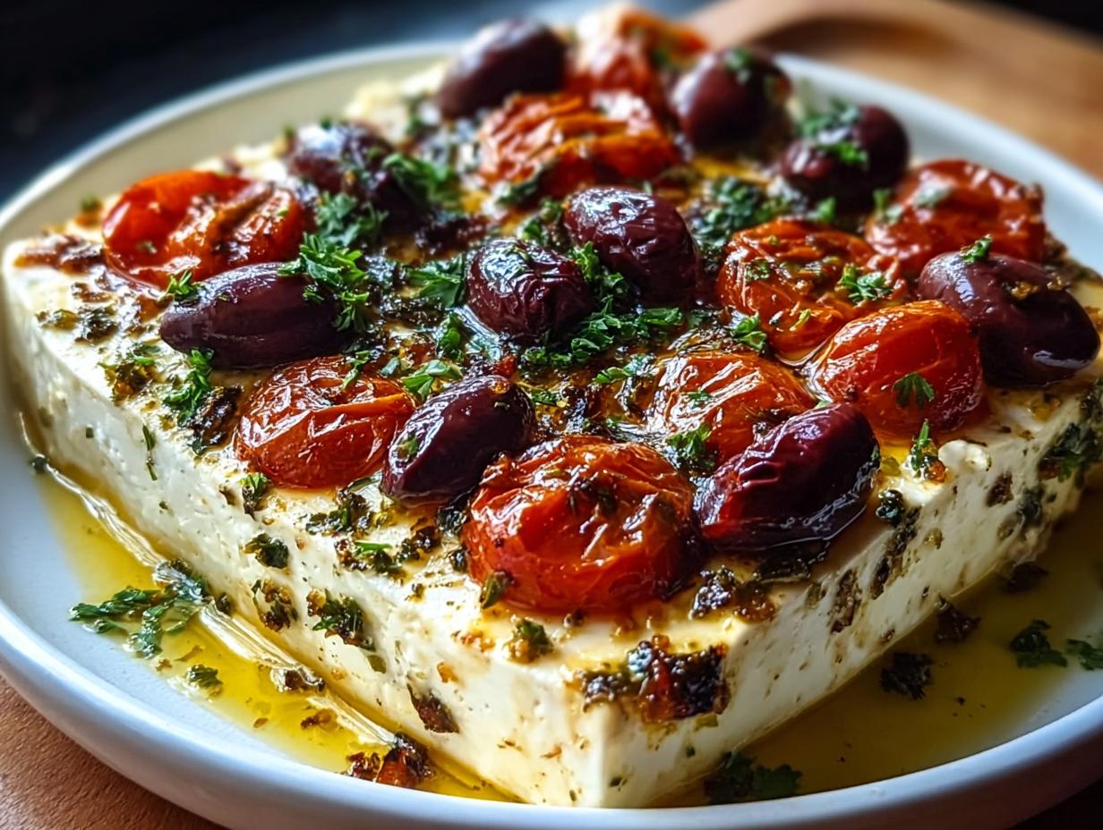 Nahaufnahme von gebackenem Ofen-Feta mit gerösteten Kirschtomaten, dunklen Oliven und Kräutern in Öl.