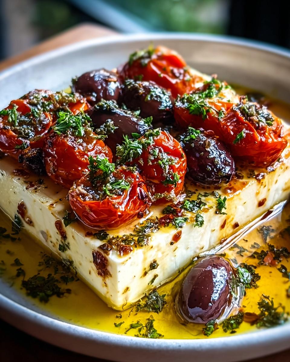 Ein Block Ofen-Feta mit gebackenen Tomaten, dunklen Oliven und Kräutern in reichlich Olivenöl.