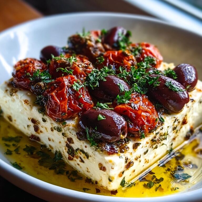 Nahaufnahme eines gebackenen Feta-Käses, belegt mit gerösteten Kirschtomaten, Kalamata-Oliven und frischer Petersilie, schwimmend in Öl – Ofen-Feta mit Tomaten & Oliven.
