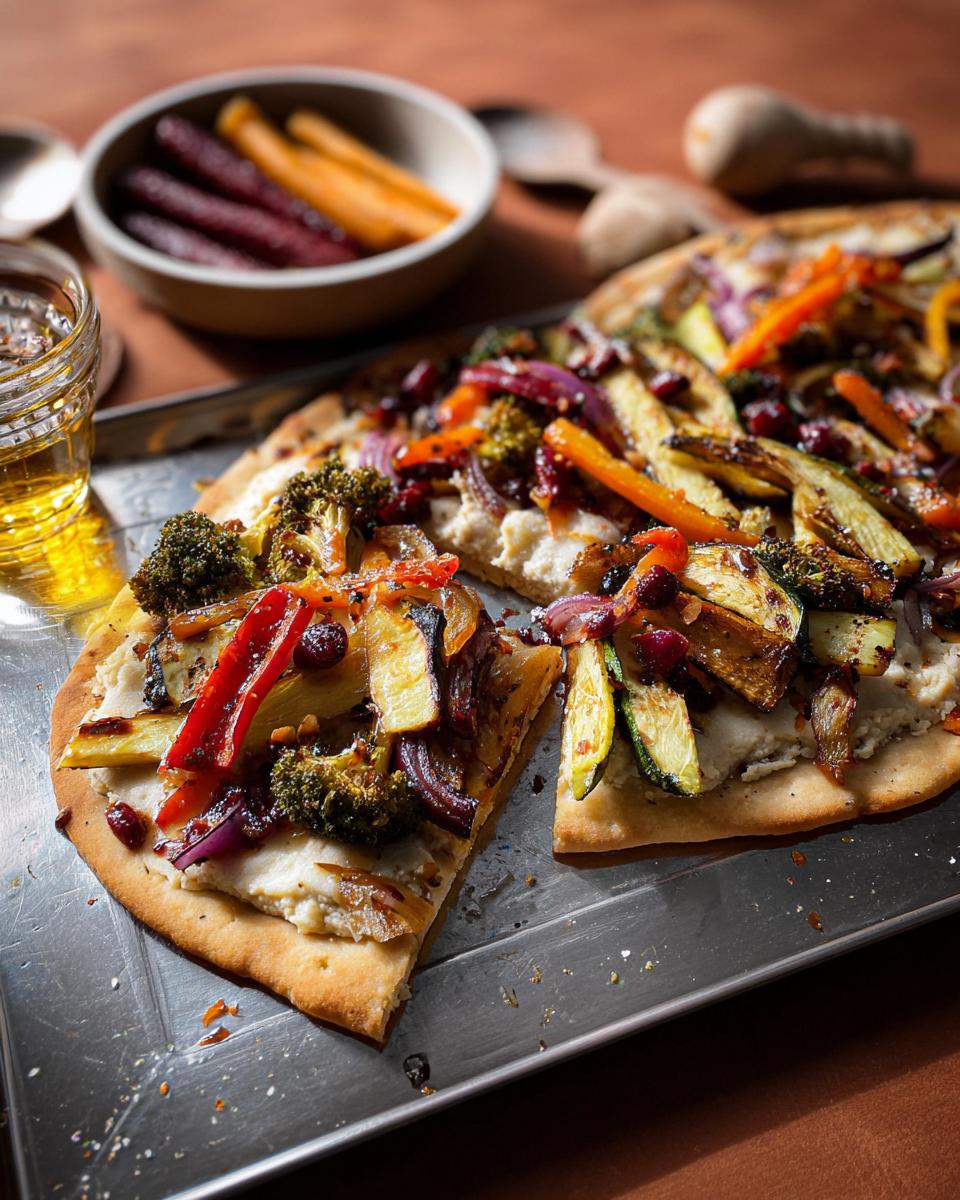 Ein Stück Ofen-Gemüse mit Hummus & Fladenbrot, belegt mit geröstetem Gemüse wie Zucchini, Zwiebeln und Brokkoli, auf einem Metallblech.