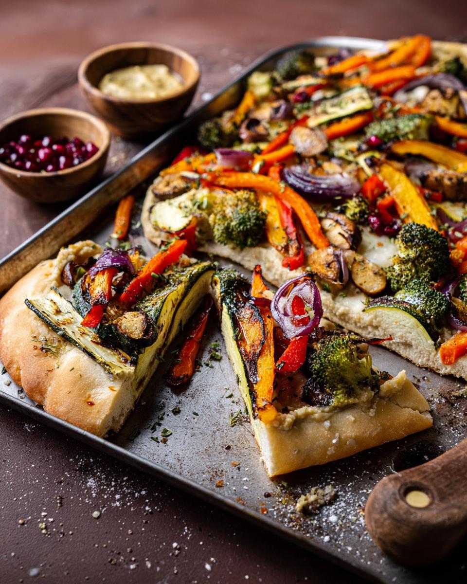 Angerichtetes Ofen-Gemüse mit Hummus und Fladenbrot auf einem Backblech, mit Beilagen.