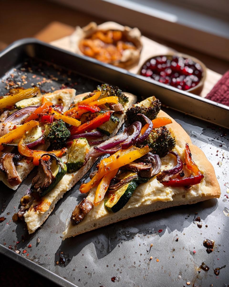 Zwei Stücke Fladenbrot belegt mit Hummus und buntem Ofen-Gemüse, darunter Paprika, Zwiebeln und Zucchini.