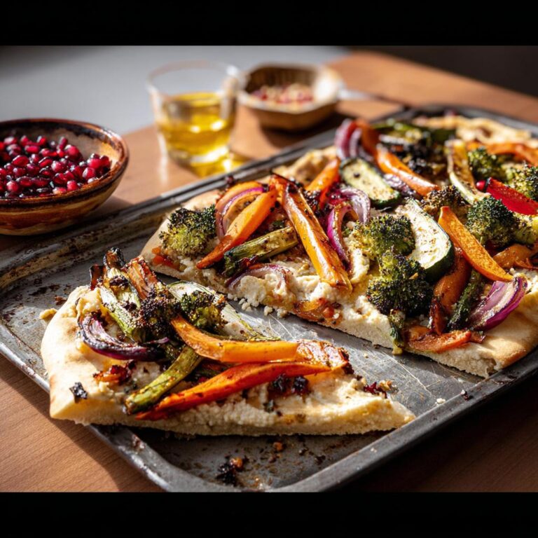 Zwei Stücke Ofen-Gemüse mit Hummus & Fladenbrot auf einem Backblech, belegt mit geröstetem Gemüse.