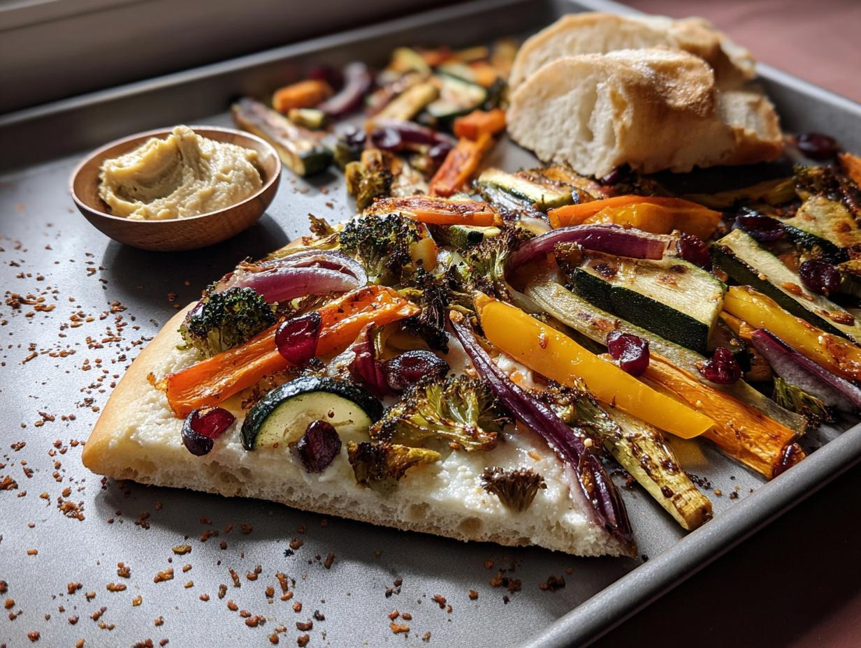 Ein Stück Fladenbrot belegt mit geröstetem Ofen-Gemüse, Frischkäse und Granatapfelkernen, serviert auf einem Backblech mit Hummus.