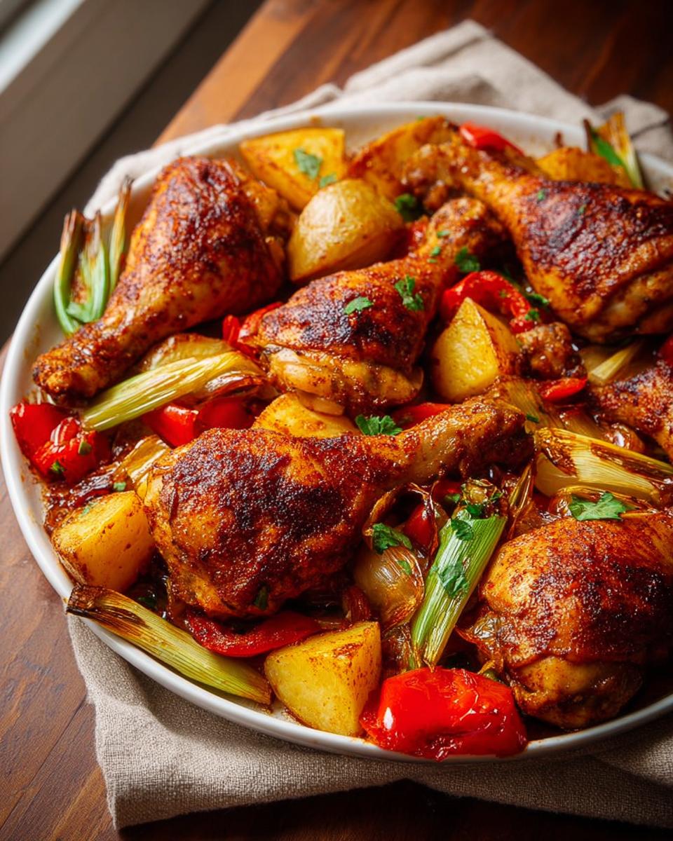 Knuspriges Ofen-Hähnchen mit Gemüse vom Blech, bestehend aus Hähnchenkeulen, Kartoffeln und Paprika.