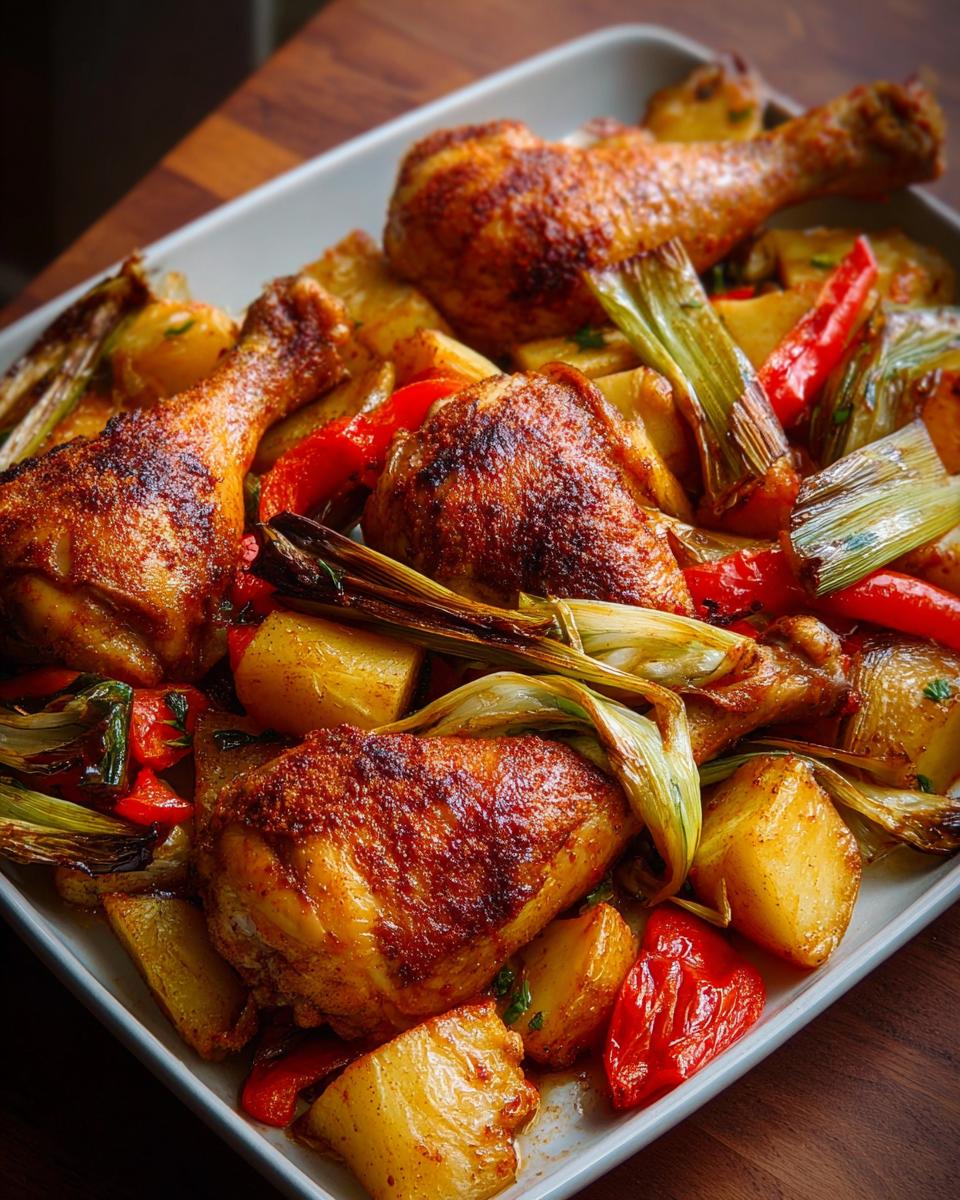 Knuspriges Ofen-Hähnchen mit Gemüse vom Blech, bestehend aus Hähnchenkeulen, Kartoffeln, Paprika und Lauchzwiebeln.