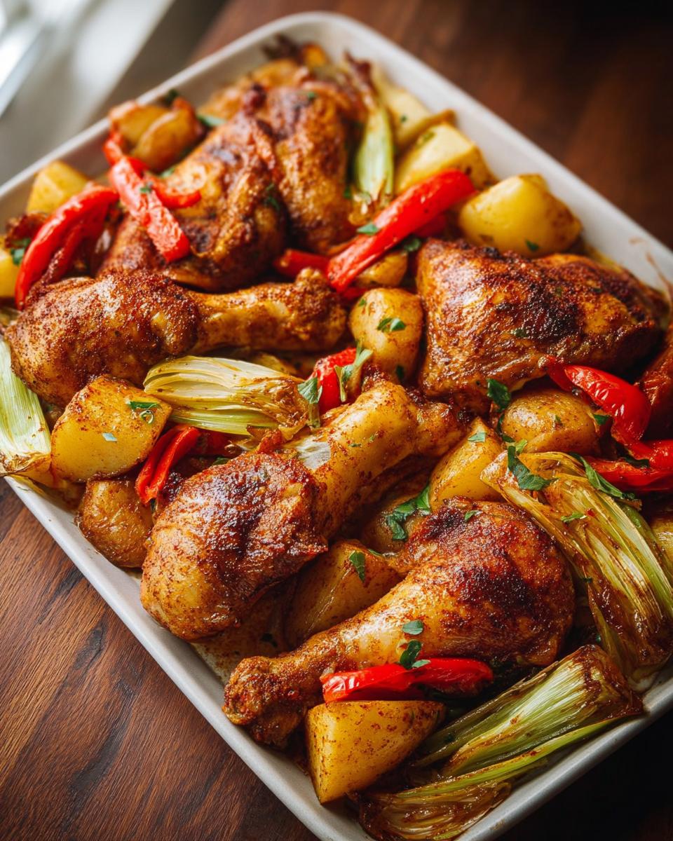 Knuspriges Ofen-Hähnchen mit Gemüse vom Blech, Kartoffeln und roten Paprika in einer Auflaufform.