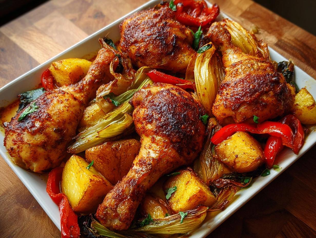 Knuspriges Ofen-Hähnchen mit Gemüse vom Blech, bestehend aus Hähnchenkeulen, Kartoffeln und Paprika.