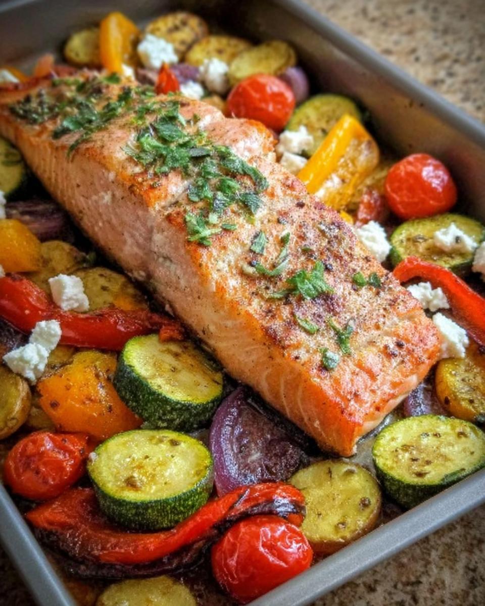Ein saftiges Stück Ofen-Lachs auf geröstetem Gemüse mit Feta-Käse in einer Backform.