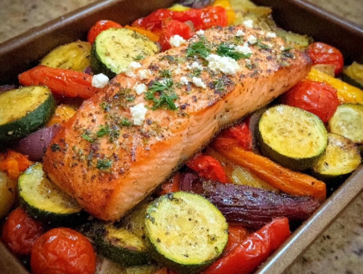 Ein saftiges Stück Ofen-Lachs auf buntem Ofengemüse, garniert mit Feta und Kräutern – Ofen-Lachs auf Gemüse mit Feta.
