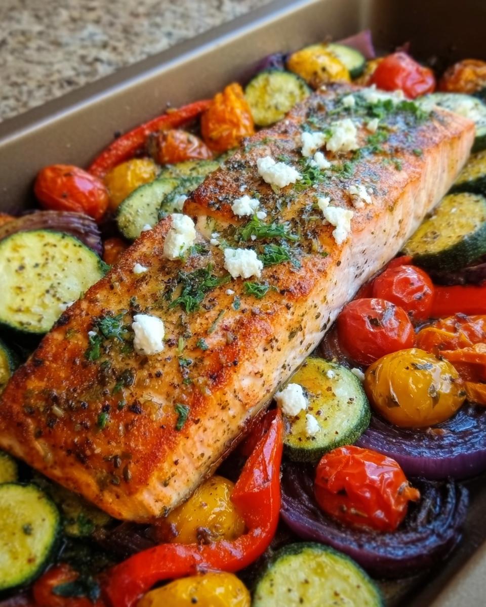 Ein saftiges Stück Ofen-Lachs auf Gemüse mit Feta, umgeben von gerösteten Zucchini, Tomaten und roten Zwiebeln.