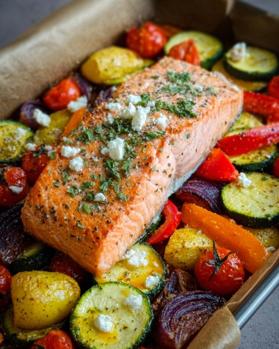 Ein saftiges Stück Ofen-Lachs auf Gemüse mit Feta, zubereitet auf einem Backblech.