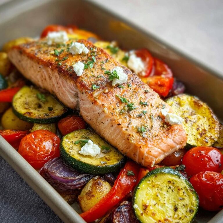 Ein saftiges Stück Ofen-Lachs auf Gemüse mit Feta, fertig gebacken in einer Auflaufform.