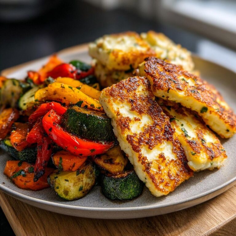 Gebratenes Halloumi auf einem Teller mit buntem Ofengemüse, perfekt für Ofengemüse mit Halloumi & Dip.