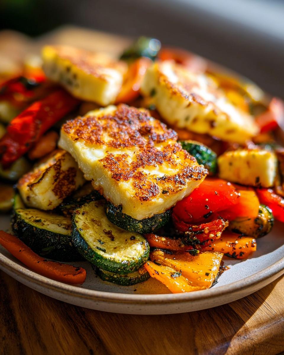 Nahaufnahme von Ofengemüse mit Halloumi, das gebratene Zucchini, Paprika und karamellisierten Halloumi zeigt.