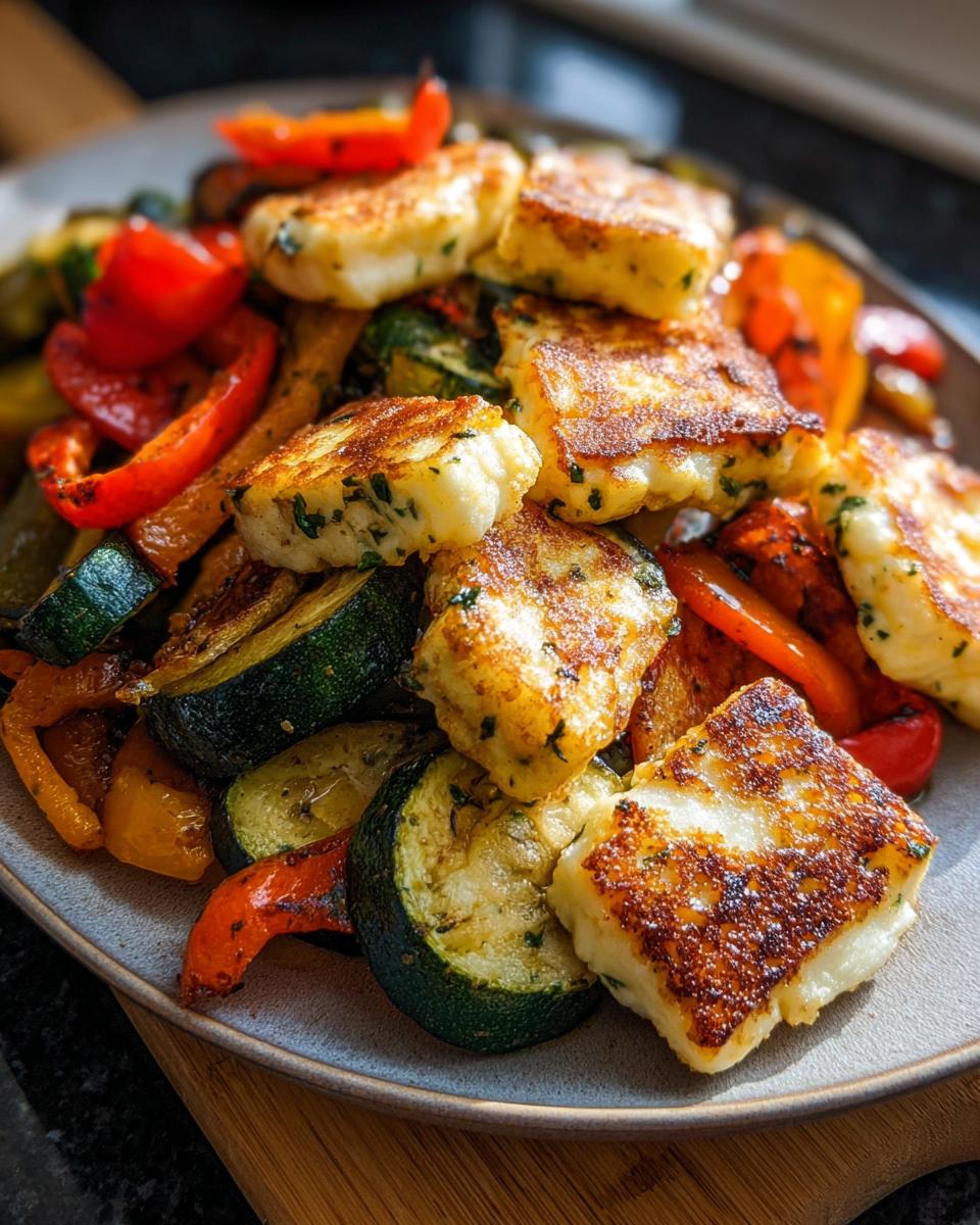 Gebratenes Ofengemüse mit goldbraunen Halloumi-Stücken, Zucchini und Paprika.