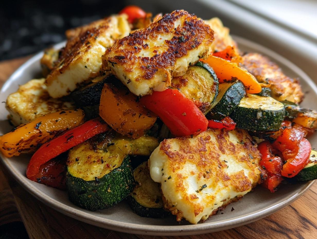 Teller mit gebratenem Ofengemüse mit Halloumi, bestehend aus Zucchini und Paprika.