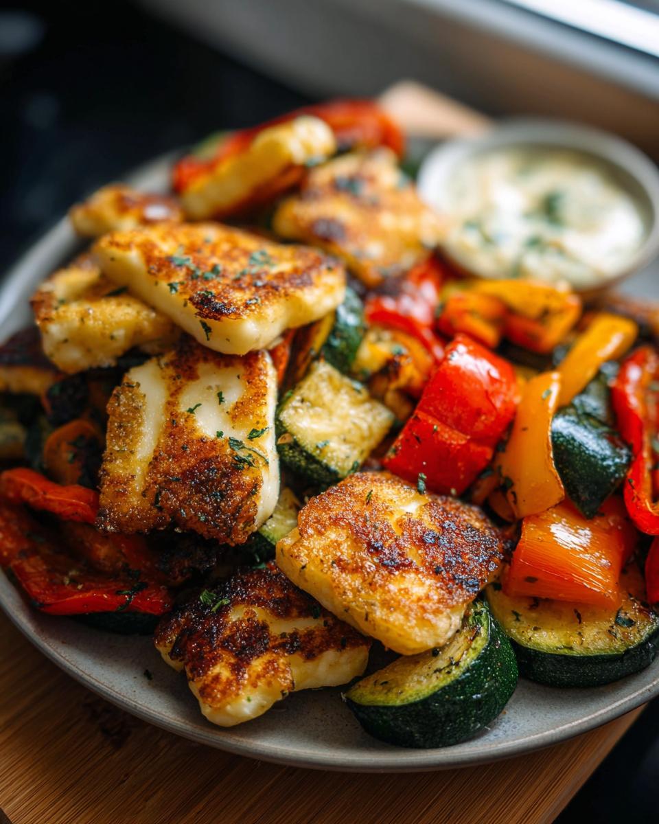 Gebratenes Ofengemüse mit goldbraunem Halloumi und einem kleinen Dip-Schälchen.