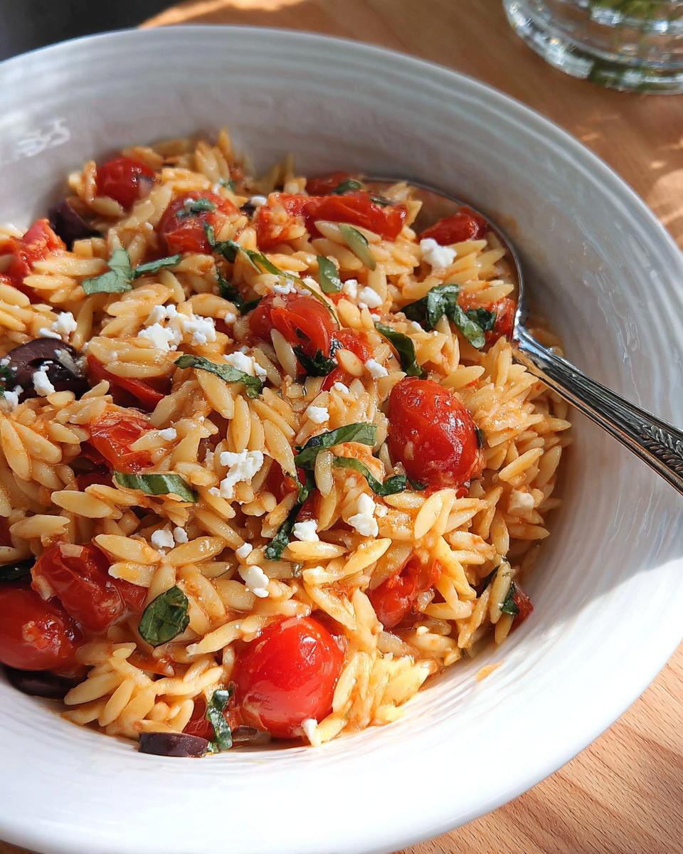 Nahaufnahme von One-Pot-Orzo mit Tomaten, Basilikum und Feta in einer weißen Schüssel.